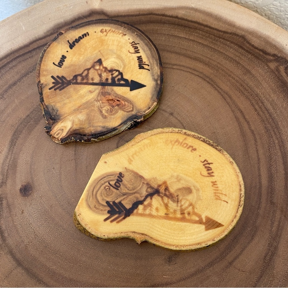 Set of two coasters burned wood love dream explore stay wild mountains irregular